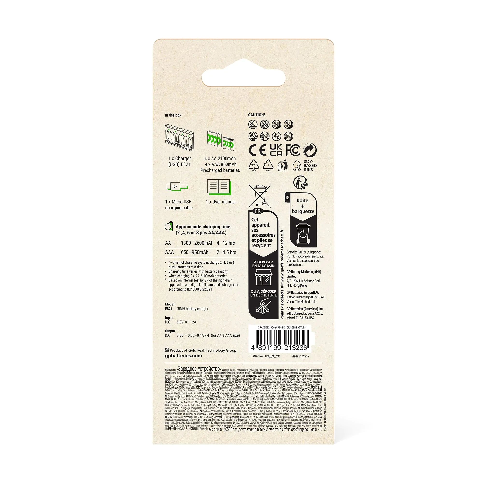 GP RECYKO E821 USB Economy charger avec 4 RECYKO 2100 AA et 4 RECYKO 850 AAA
