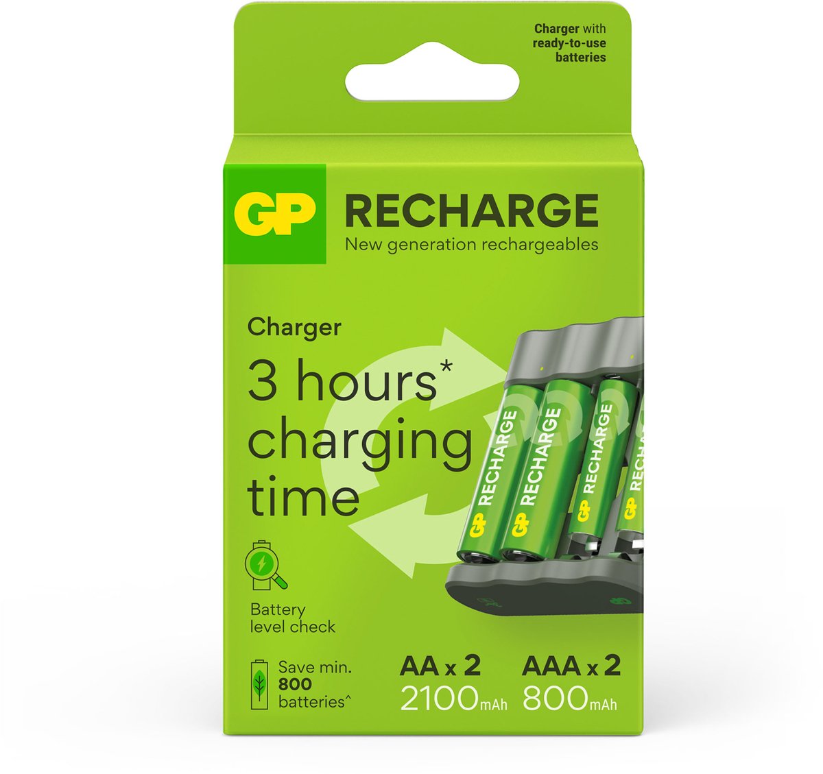 GP RECHARGE B441 Lader + AA 2100 mAh & AAA 800 mAh Oplaadbare Batterijen (2 + 2 Set)