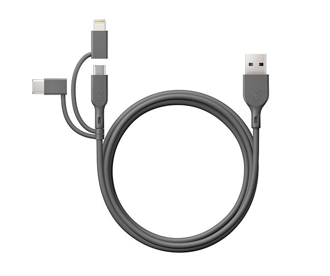 Câble de charge et de synchronisation GP 1 mètre 3-en-1 USB-A vers Lightning, USB-C et Micro-USB CY1N